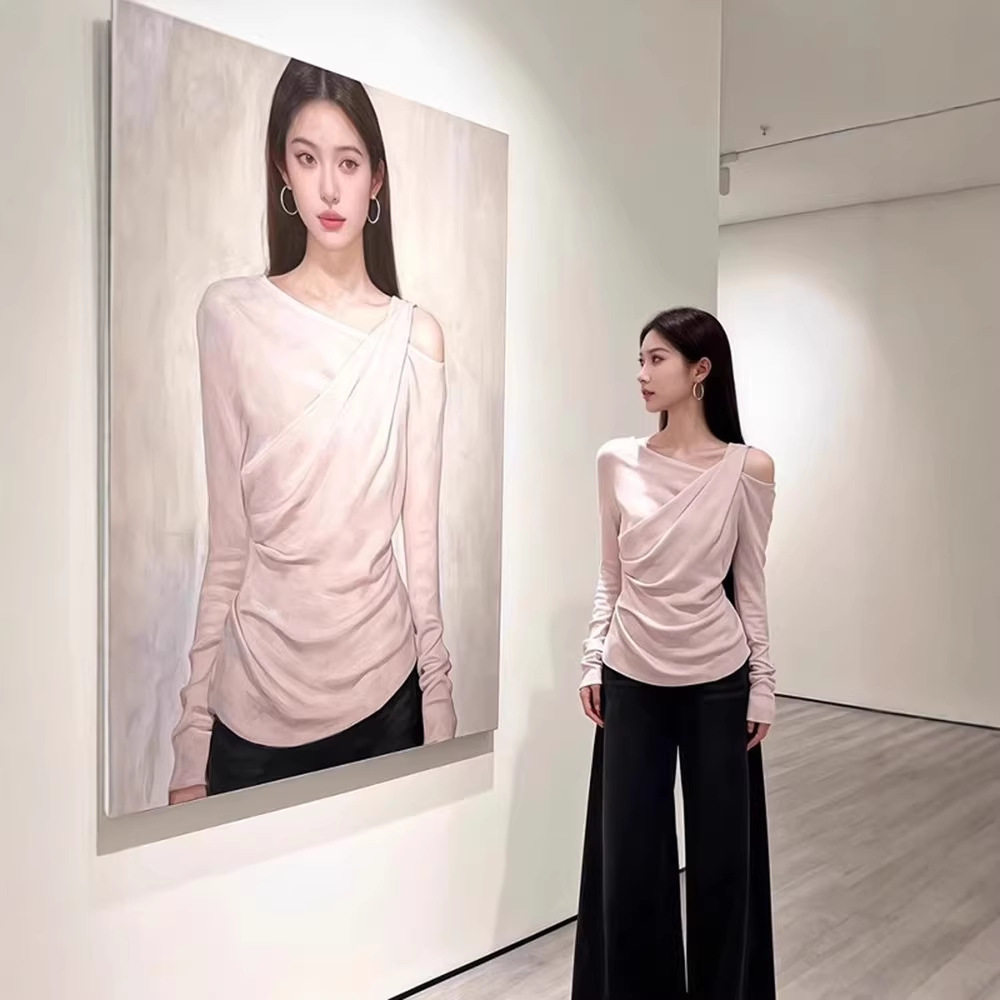 韩系粉色露肩斜领假两件长袖t恤女春季新款别致修身收腰打底上衣