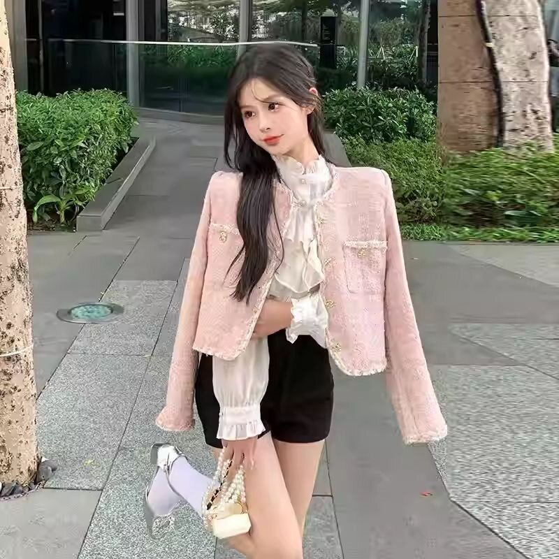 粉色小香风外套春秋女2026新款韩系甜美名媛风减龄粗花呢短款上衣