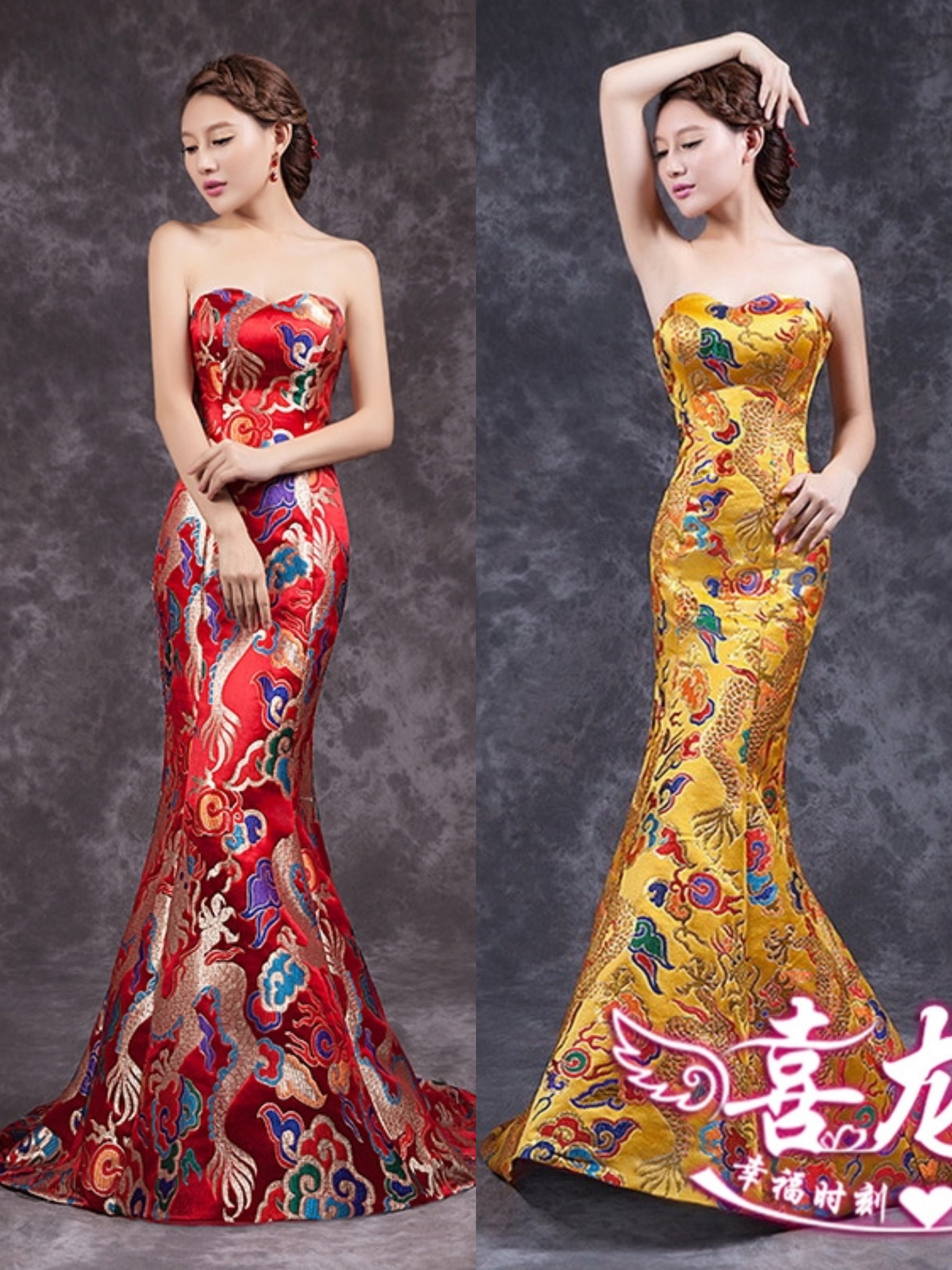 NEW时尚婚礼约会服性感抹胸中式晚礼服鱼尾拖尾主持人走秀长龙袍