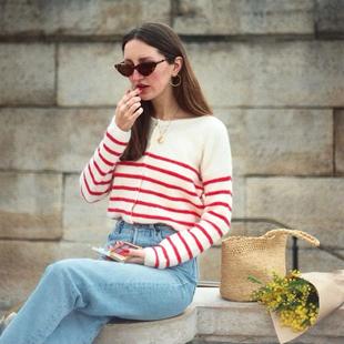 康赛妮100% Baby Cashmere 法式开衫 12针 超级亲肤柔软 红白条纹