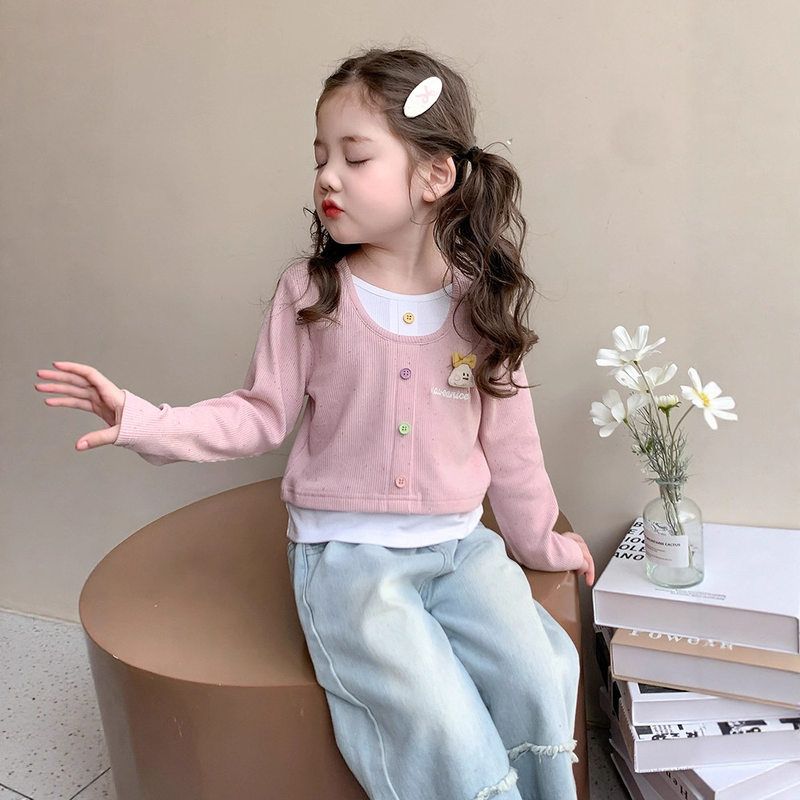 女童春秋款T恤衫2025新款韩版洋气时髦假两件上衣宝宝长袖打底衫