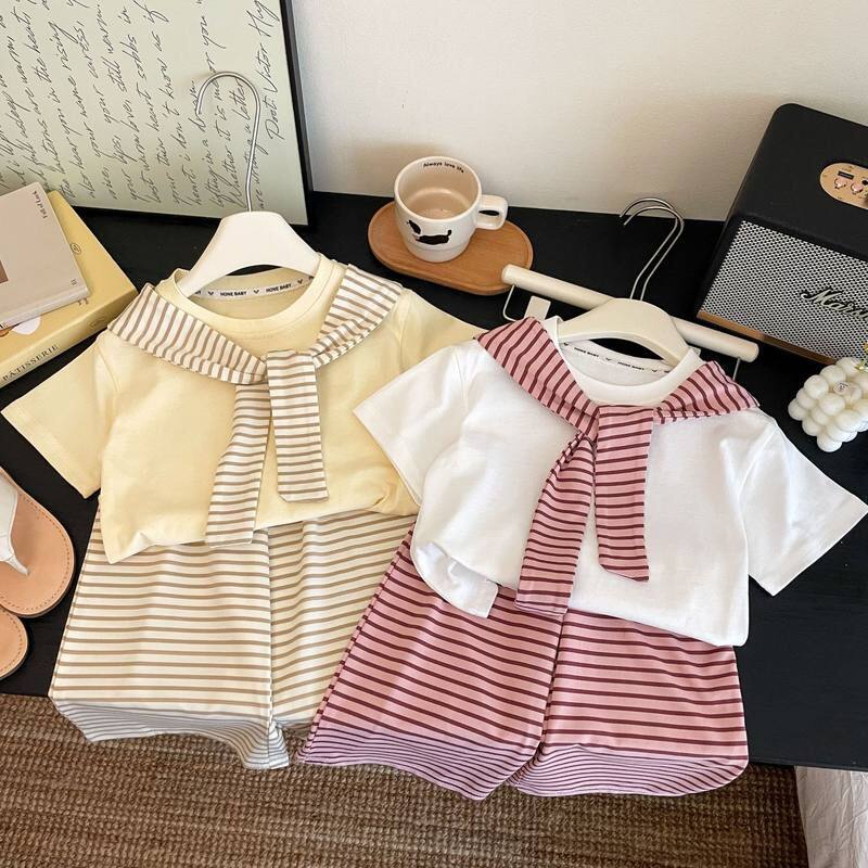 女童套装夏季薄款短袖条纹裤子图片