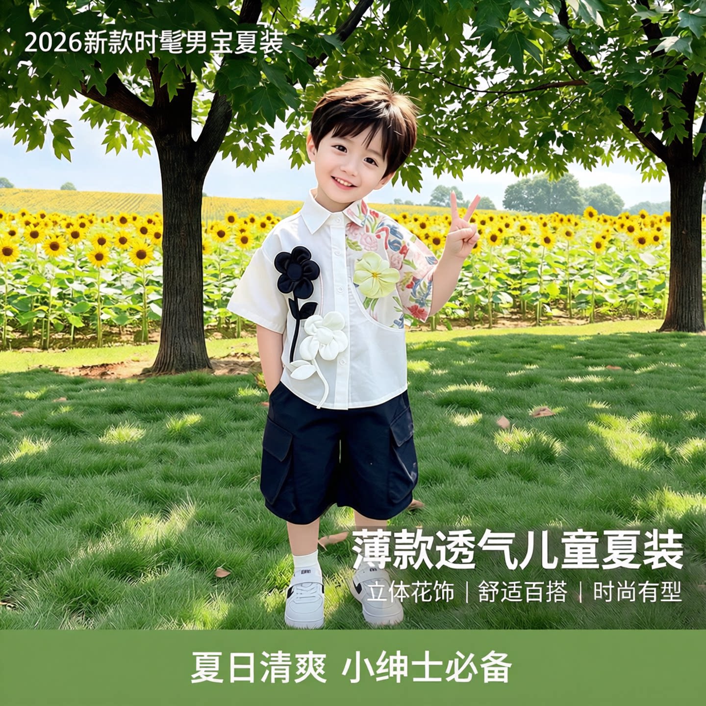 男童短袖花衬衫套装2026新款时髦图片