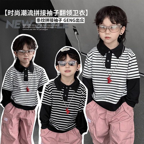 男童polo衫长袖中大童黑白条纹