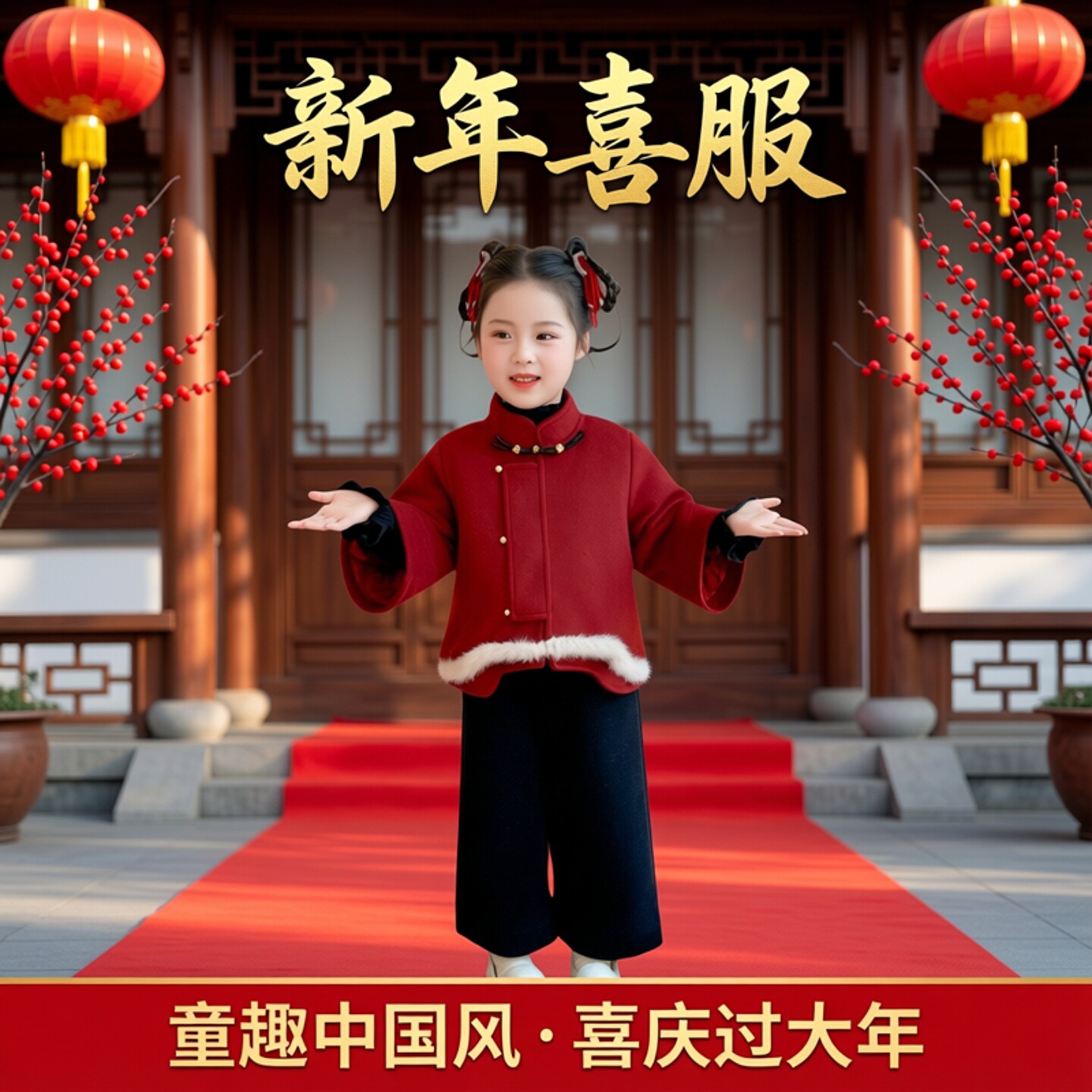 女宝宝过年喜庆拜年服套装中小童新中式长袖盘扣圆领时尚两件套潮