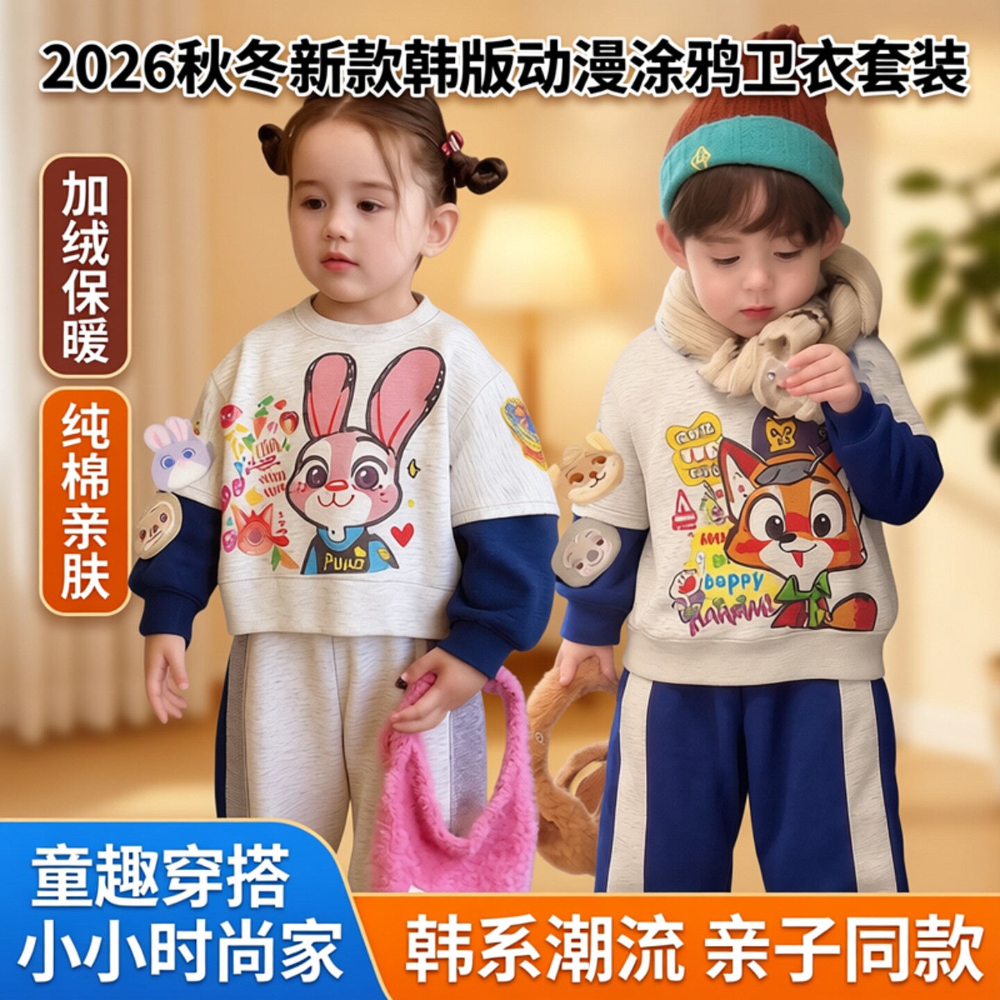 童装2026秋冬新款男童小童韩版动漫涂鸦拼色加绒纯棉卫衣卫裤套装
