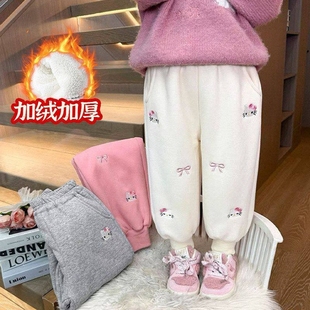 学生外穿长裤 女童裤 子加绒秋冬保暖卡通kt猫刺绣宽松休闲儿童卫裤