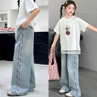 新款 牛仔裤 女童2025柔软春季 阔腿儿童牛仔裤 高腰牛仔直筒裤 薄款