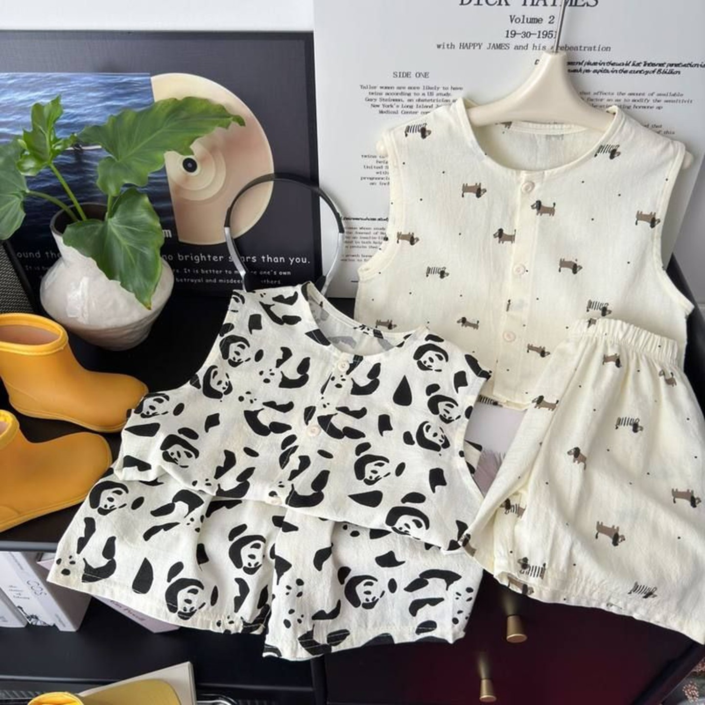 棉麻夏季套装宝宝短裤儿童韩系透气背心男睡衣薄款纯棉女童两件套