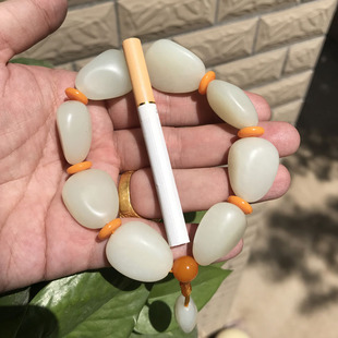 天然玉石 新疆和田玉白玉籽料原石手链男女款白玉手链手串送证书