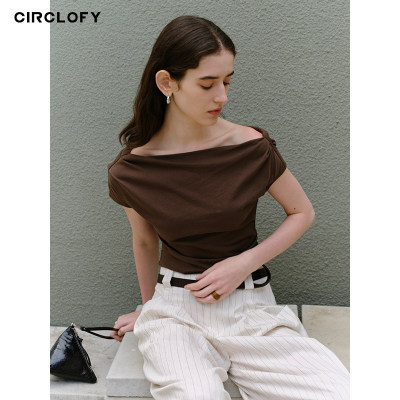 CIRCLOFY瑟夕 高级感简约休闲时尚一字领T恤女气质通勤风短袖上衣