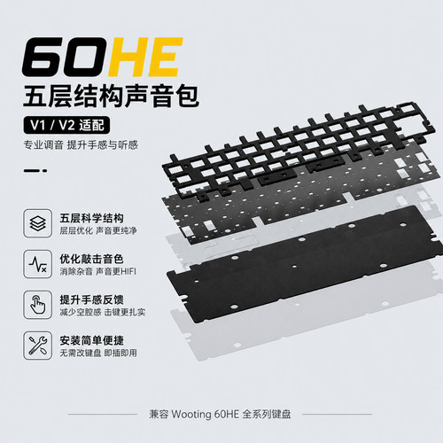 Wooting60HE v1 v2声音包井上poron钢板PCB卫星轴兼容五件套满配