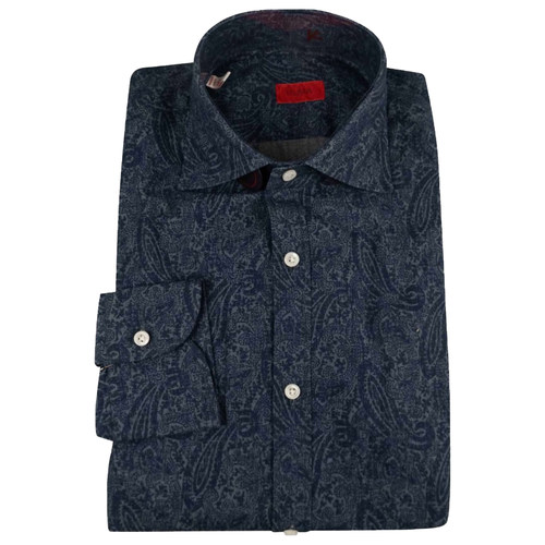 公价7500 那不勒斯顶吉ISAIA 四季 深蓝色羽毛花纹海岛棉长袖衬衫