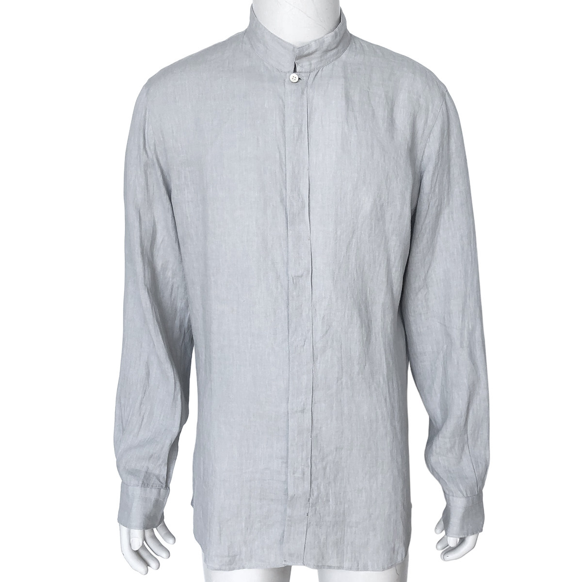 现货清货 夏秋 浅灰色亚麻立领长袖衬衫男
