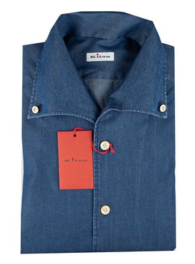 公价10680 醉顶吉 kiton 四季  深蓝色 海岛棉 古巴领长袖衬衫