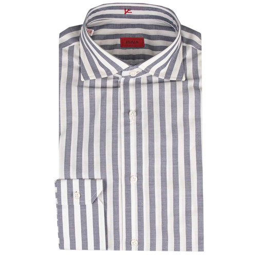 公价6200 那不勒斯顶吉ISAIA 四季 灰蓝色 条纹 海岛棉 长袖衬衫