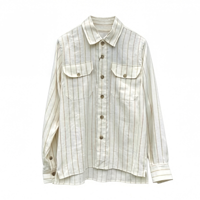 那不勒斯 春秋 米黄色条纹亚麻老钱风休闲长袖衬衫男