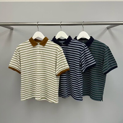 现 26春季新款韩国东大门water女士洋气宽松拼色POLO条纹短袖T恤