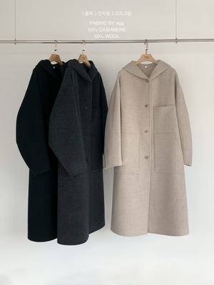 现 25秋冬新款韩国东大门egg女单排扣口袋连帽羊毛大衣外套