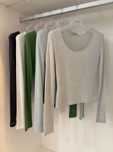 现 26春季新款韩国东大门normal百搭简约纯色短款长袖大圆领T恤