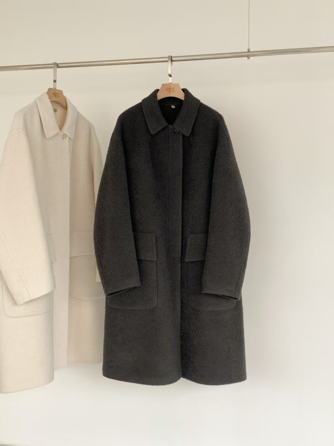 现 25冬季新款韩国东大门EGG净版翻领大口袋中长款毛呢大衣外套女