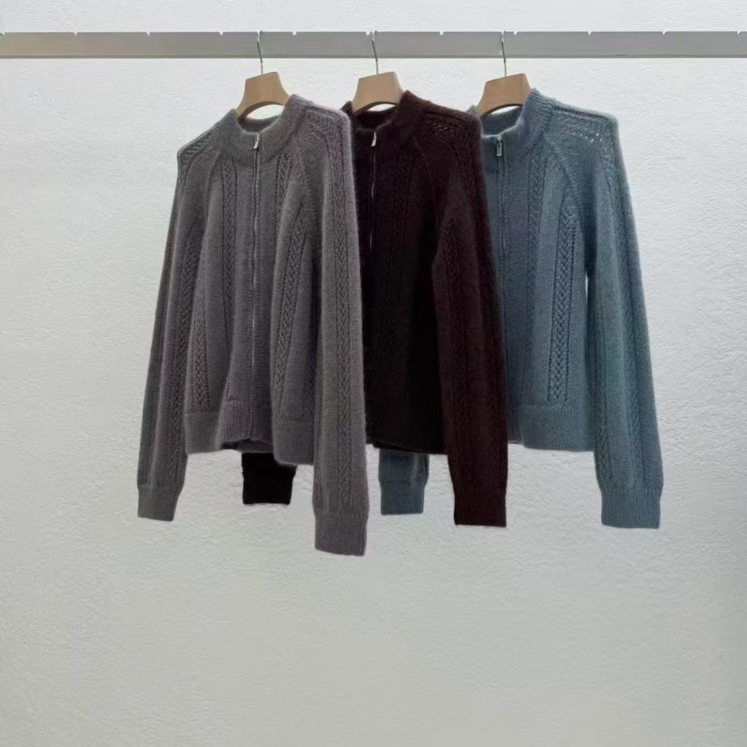 现 25冬季新款韩国东大门STATEMENT百搭休闲羊毛混纺拉链针织开衫