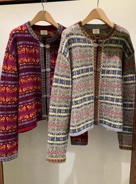 折现 25冬季新款韩国东大门FURE女装复古民族风提花锁扣针织开衫