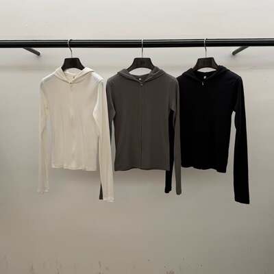 现 26春季新款韩国东大门ID 时尚简约纯色拉链连帽长袖上衣