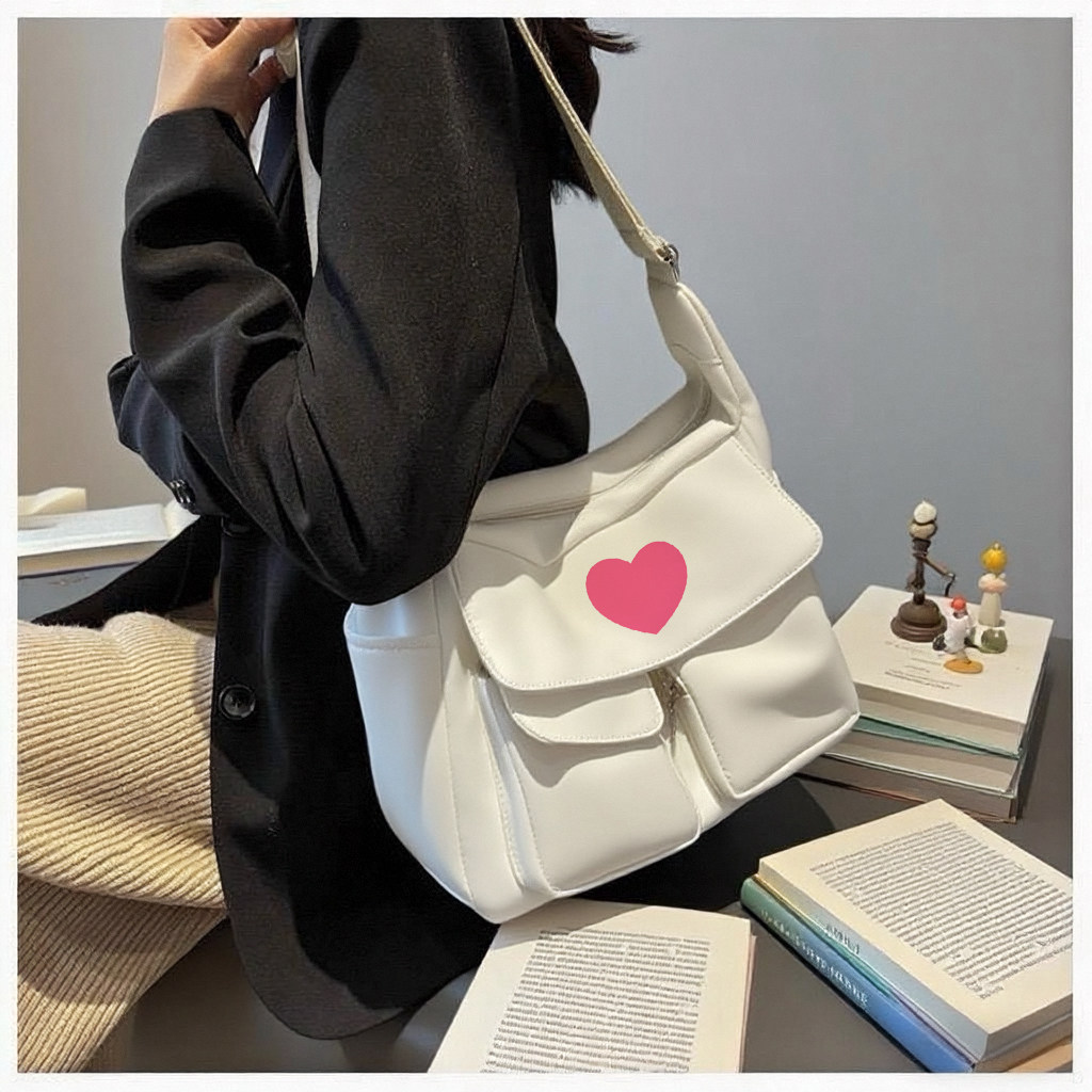 日系可爱白色爱心包包少女文艺风休闲大容量单肩斜挎印花帆布包潮