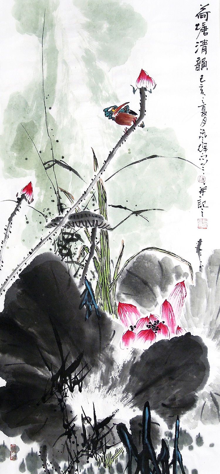 字画书画】c26953孙艺群手绘花鸟国画.荷塘清韵.小三尺