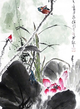 【画艺佳.字画书画】C26953孙艺群手绘花鸟国画.荷塘清韵.小三尺