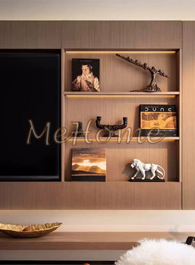 中古风诧寂风样板房酒店别墅样板房客厅电视背景墙软装摆件配饰