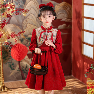 新中式国风女童喜庆长袖连衣裙2025春秋季红色女中国风洋气公主裙