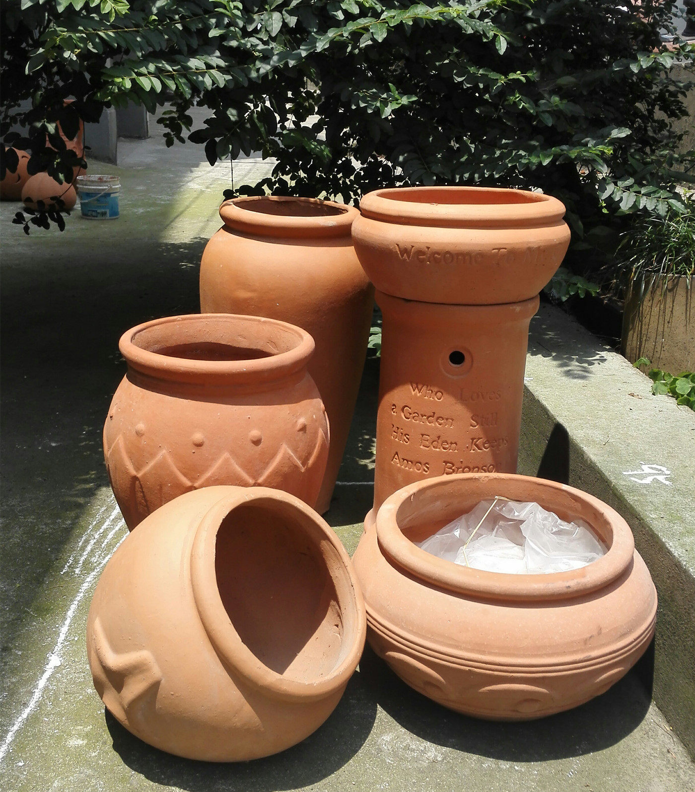 小花园别墅庭院水池布景红陶水栓剑兰花盆星星卧罐水波浪陶罐组合