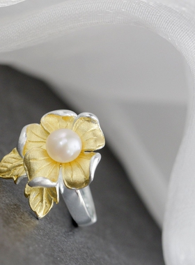 镶天然淡水珍珠银戒子时尚镀金