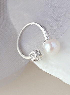 银宸首饰 镶天然淡水珍珠银戒指 女士时尚几何形开口925纯银戒子