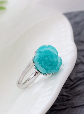 银宸首饰 镶天然天河石925纯银戒指时尚女士玫瑰花开口手工银戒子