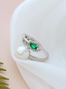 银宸首饰 镶绿锆石925纯银戒指 女士时尚天然淡水珍珠开口银戒子