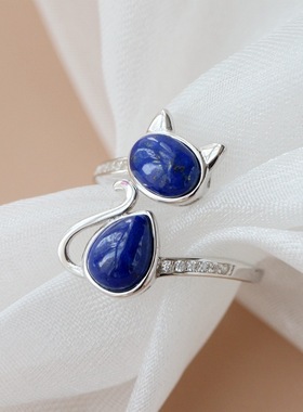 可爱小猫咪开口银戒指镶天然青