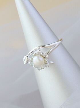 镶天然淡水珍珠925纯银戒指复古