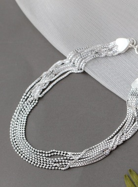 银宸首饰 通体925纯银手链女士时尚百搭多层盒子链闪珠简约细手链