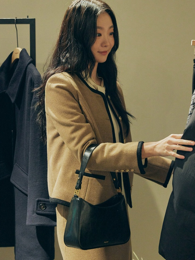韩国金多美车静媛同款23秋复古小香黑金棕色羊毛毛呢短外套西服