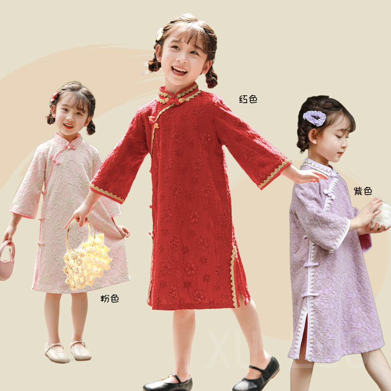 女童旗袍春秋冬新款民国风改良版儿童复古洋气连衣裙女宝宝红礼服
