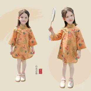 女童秋款旗袍中国风儿童改良中长款裙子宝宝复古鹿皮绒中式连衣裙