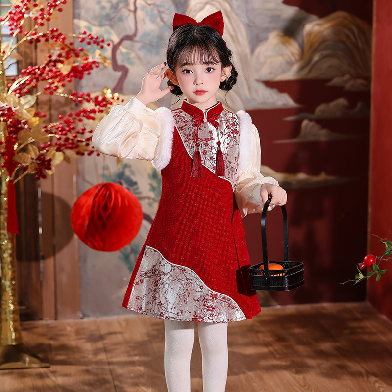 女童2025新款汉服冬季连衣裙儿童中式国风拜年旗袍裙子套装秋冬