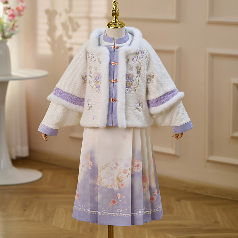 汉服女童冬装2025新款儿童加绒加厚汉服套装冬季国风女孩拜年服装