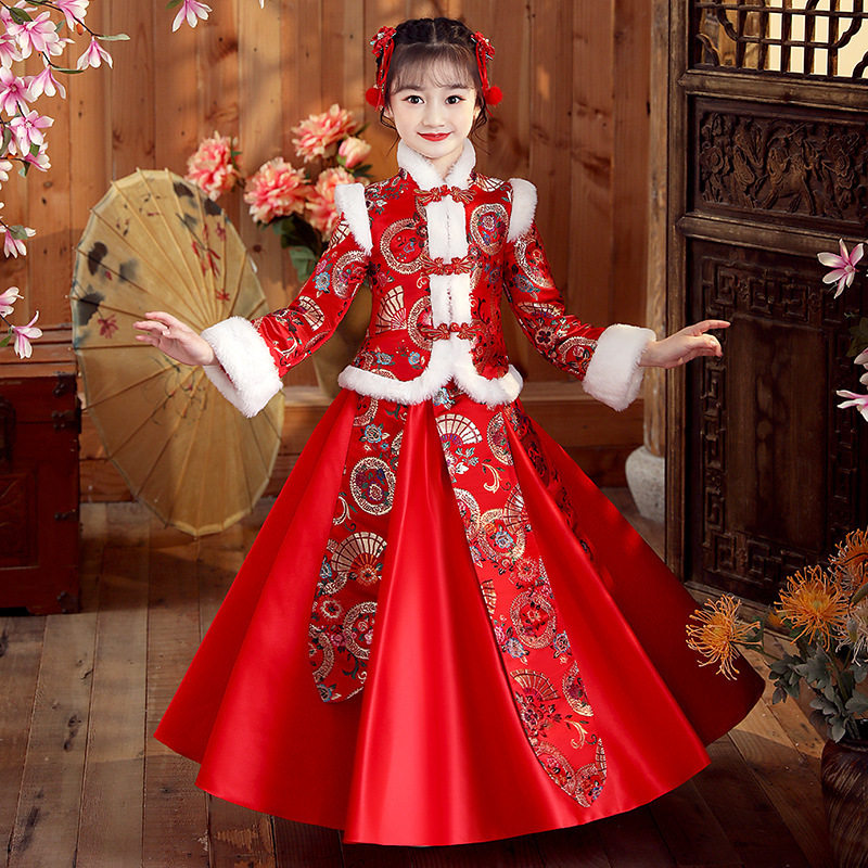 汉服女童过年秋冬中国风红色拜年服新年装女儿童超仙古装两件套