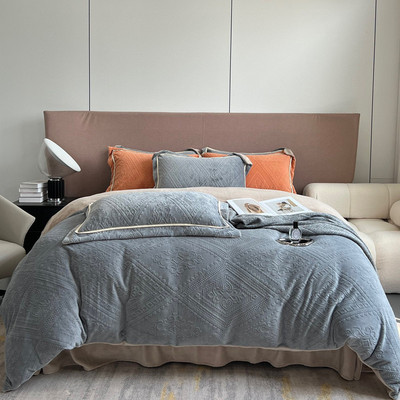 高档欧式雕花牛奶绒四件套加厚保暖纯色法兰绒被套床单秋冬季床品