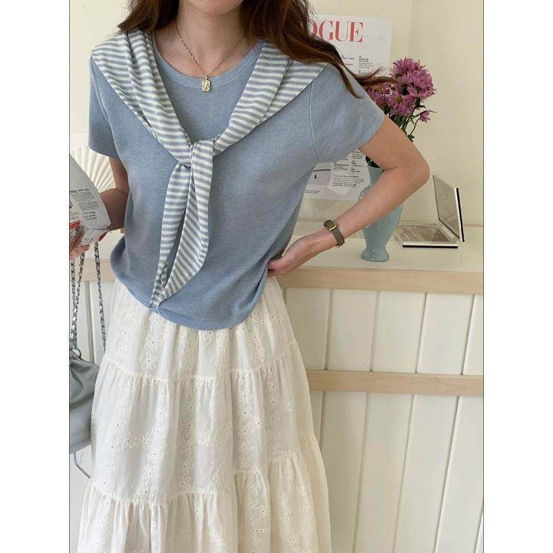 韩版高级新款 2025 早春 韩系条纹披肩针织衫短袖两件套毛针织衫,女装/女士精品,毛针织衫,淘宝优惠券,粉丝福利购,淘宝优惠卷