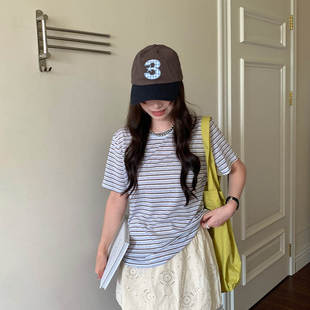 韩版高级新款 十三行夏季圆领短袖韩系休闲直筒条纹上衣T恤女290